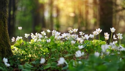 Delicate Wood Sorrel Flowers Blooming In A Forest Glade
