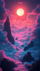 Celestial pathway: A surreal landscape of clouds, rock formations, and radiant lunar glow