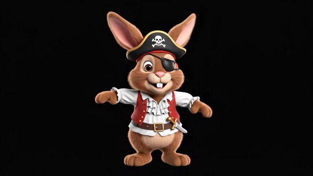 A cartoon rabbit dressed as a pirate stands against a black backdrop It wears an eye patch hat with skull red vest  holds arms out