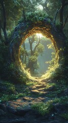 Ethereal portal in verdant forest, illuminated by sunlight breaking through the trees