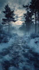 Enigmatic winter pathway through a snow-laden forest beneath a cloudy sky