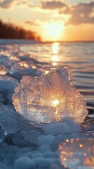 Frozen shoreline spectacle shimmering under vibrant sunset ethereal scene