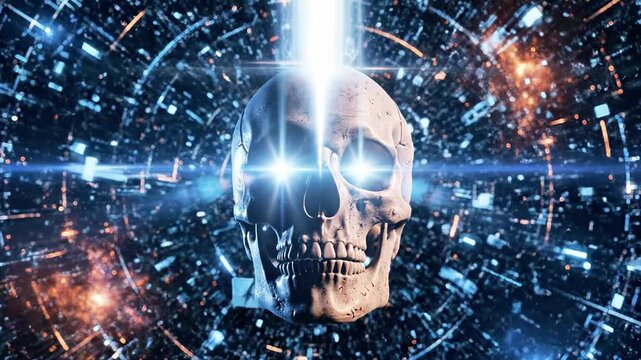 A futuristic digital illustration of a human skull with glowing blue eyes, surrounded by vibrant orange and blue lights and circuitry patterns