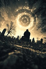 Melancholic silhouette contemplates celestial phenomenon in somber graveyard