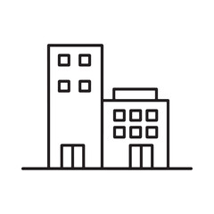 a simple black and white outline illustration of a tall modern building with multiple windows and a flat base