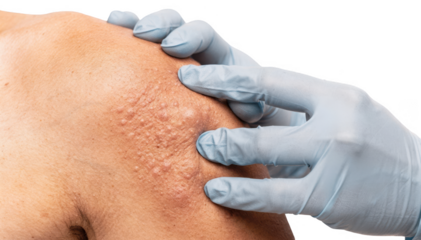 Closeup of a clinicians hands gently examining an armpit with visible velvety skin texture against a white background highlighting skin thickening detection.
