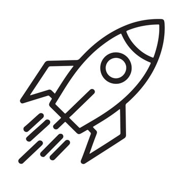 a simple black and white line drawing depicting a rocket ship soaring upwards with visible exhaust flames