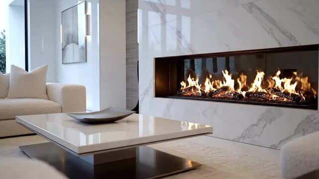 Modern living room with marble fireplace, cozy couch, and sleek coffee table