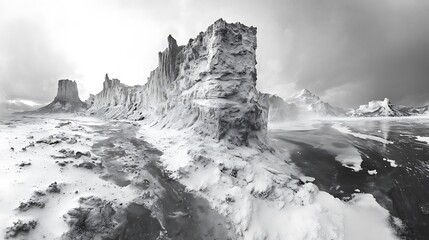 Monochrome panorama of arid landscape featuring geological formations and textures