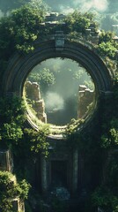 Mystical portal entrance overgrown with lush vegetation in ancient ruins discovery