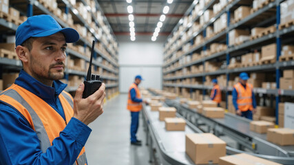 Warehouse worker using a walkietalkie while managing inventory in a large storage facility