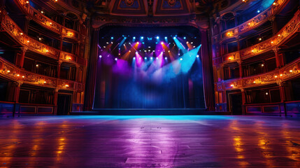 Theater Stage in Spotlight: The grand stage of a historic theater, bathed in a vibrant array of colors, awaits a captivating performance, adorned with intricate architectural details. 