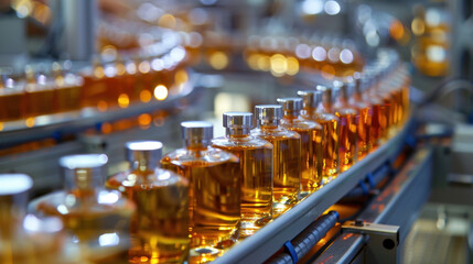 Bottles in Motion: An automated production line showcases rows of elegantly filled bottles moving along a conveyor belt, highlighting precision and efficiency in manufacturing.