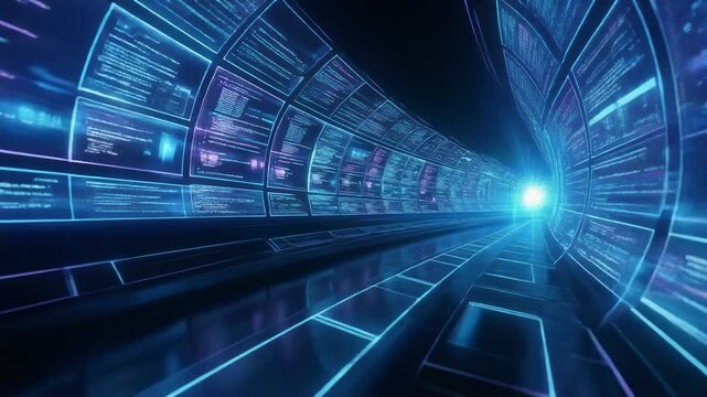 Futuristic data tunnel with glowing screens and abstract technology background