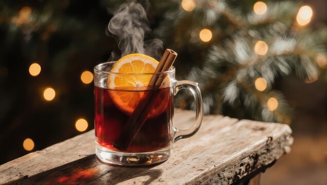Steaming Mulled Wine with Orange Slice and Cinnamon Stick on Wooden Log with Festive Lights.