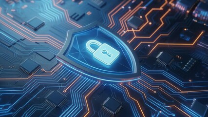 Modern digital shield with lock symbol on a circuit board representing cybersecurity protection - Powered by Adobe