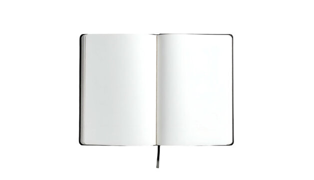 An open journal lays on a dark surface, revealing two blank pages. It is a simple composition with clean lines. The notebook has a bookmark