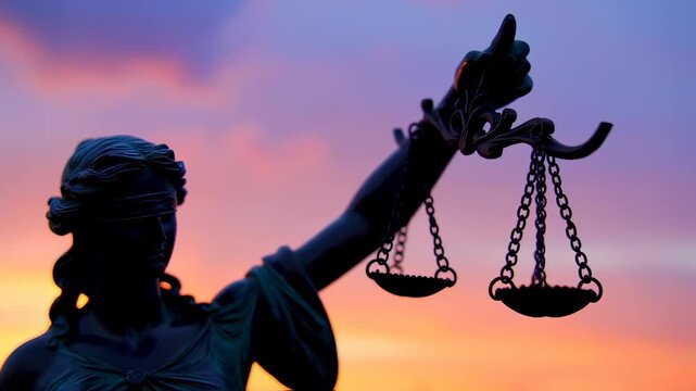 a silhouette of lady justice holding scales against a vibrant sunset, embodying legal principles and the administration of justice