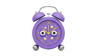 Cartoon Purple Alarm Clock with Googly Eyes and Egg Accents