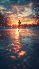 Serene Winter Solitude: A Figure Skater's Twilight Glide on a Frozen Lake