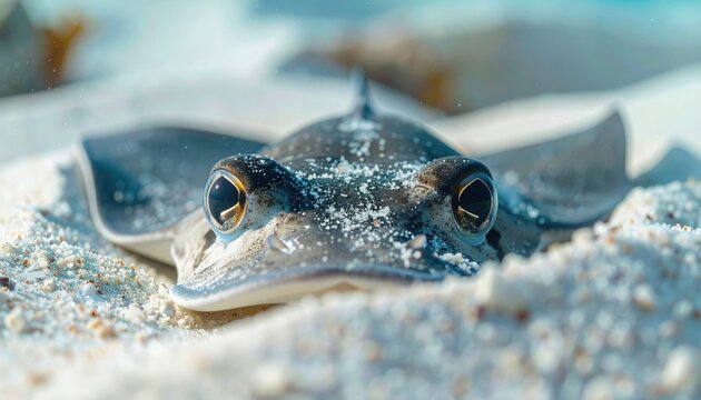 Close-up of a stingray partially buried in the sand.