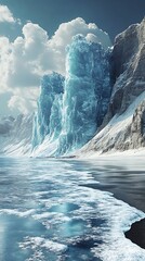 Serene frozen lake with majestic ice formations against a mountain backdrop