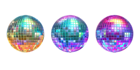 Three colorful disco balls on transparent background
