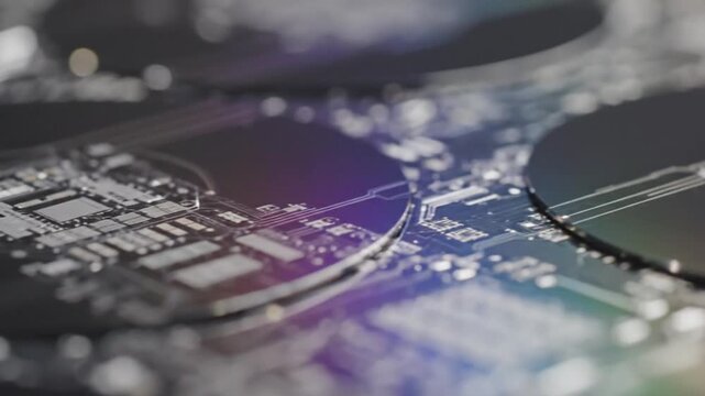 A captivating close-up reveals the intricate details of an advanced semiconductor wafer, showcasing microscopic circuits and components. The reflective surface shimmers with vibrant, abstract light re