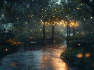Enchanting twilight scene featuring a serene park bench under a glowing gazebo