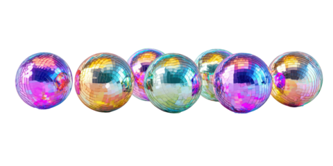 Colorful reflective disco balls, 3d render, isolated on transparent background