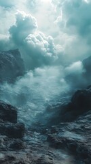 Dramatic vista showcasing majestic mountain range shrouded in atmospheric clouds