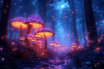 Enchanted fungal forest with luminous mushrooms and shimmering fireflies