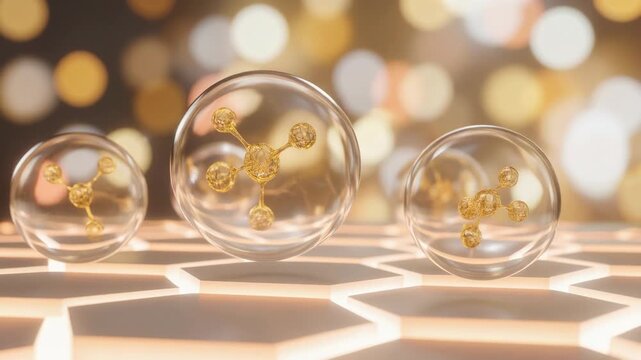 Golden molecular structure inside glass spheres on a bright background for scientific and educational use
