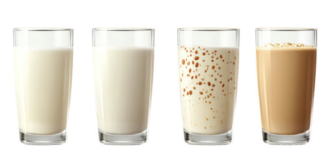 Four glasses of milk and smoothies, isolated on transparent background