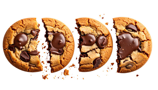 Close-up of a perfectly baked, partially broken chocolate chip cookie, revealing its textured interior and melted chocolate