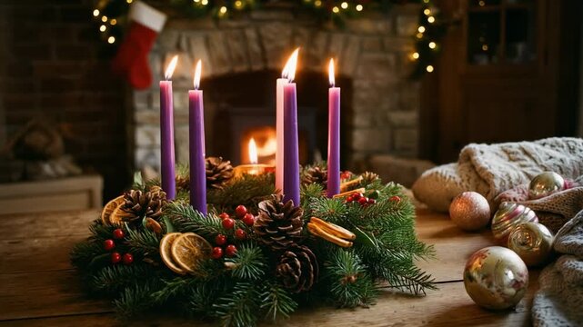 Cozy Christmas Candle Arrangement with Pinecones and Oranges on Wooden Table