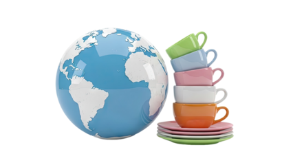 Stack of Colorful Coffee Cups Next to a Globe