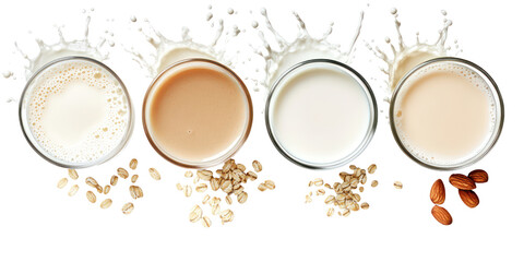 Four types of milk, oats, almonds, splash, transparent background