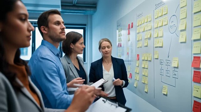 Collaborative Business Meeting with Team Discussing Ideas on Sticky Notes