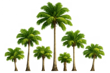 Palm trees set with tropical green foliage, creating beach and summer vacation concepts on transparent background