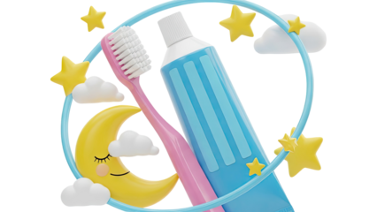 Whimsical Dental Care Scene with Moon, Stars, and Toothbrush