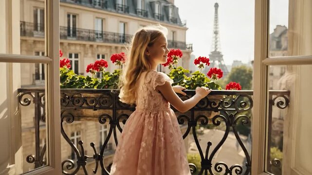 Young girl in pink dress opens French doors to view Eiffel Tower