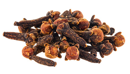 Obraz premium Close-up of numerous, whole, dried spice buds with dark brown stems and small, light brown floral tops, isolated on black