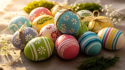 Fototapeta premium A collection of colorful Easter eggs with floral patterns and stripes