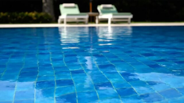Swimming pool water surface with reflections and lounge chairs at poolside