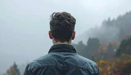 Contemplative man gazing at misty mountain landscape from behind.