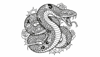 Detailed illustration of a coiled snake with an open mouth, surrounded by thorny vines and roses, presented in a striking black and white graphic style