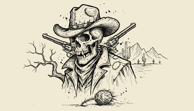 Vintage Skeleton Cowboy with Crossed Guns in a Desert Landscape Illustration