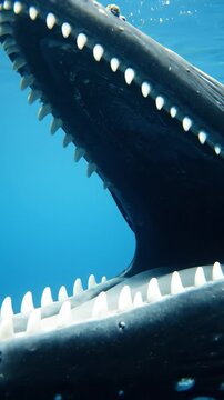 Close-up underwater view of a massive whale's gaping mouth revealing rows of white teeth