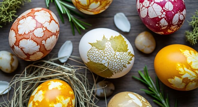 A beautifully decorated Easter egg arrangement with natural elements and vibrant colors
